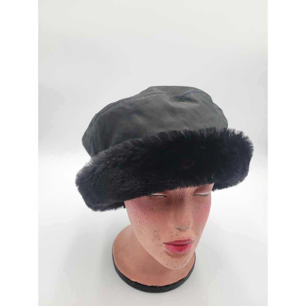 Eric Javits New York Black Faux Fur Trim Water Repellent Packable Bucket Hat